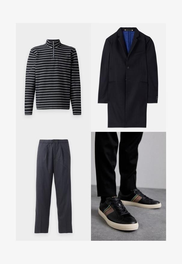 Cappotto di lana blu navy con chiusura a un bottone, revers a banda e due tasche laterali. Presenta una fodera interna blu e dettagli di cucitura minimali.; Pullover a maniche lunghe a righe blu navy e grigio con colletto a mezza zip e taschino sul petto, realizzato in un tessuto testurizzato.; Pantaloni scuri in navy realizzati in tessuto morbido, con design a pieghe frontali e vita elastica. Presentano una chiusura con bottone e un taglio dritto.; Sneaker in pelle nera con accenti a strisce multicolori, punta rotonda e suole in gomma bianca, dotate di chiusura con lacci e marchio in rilievo.