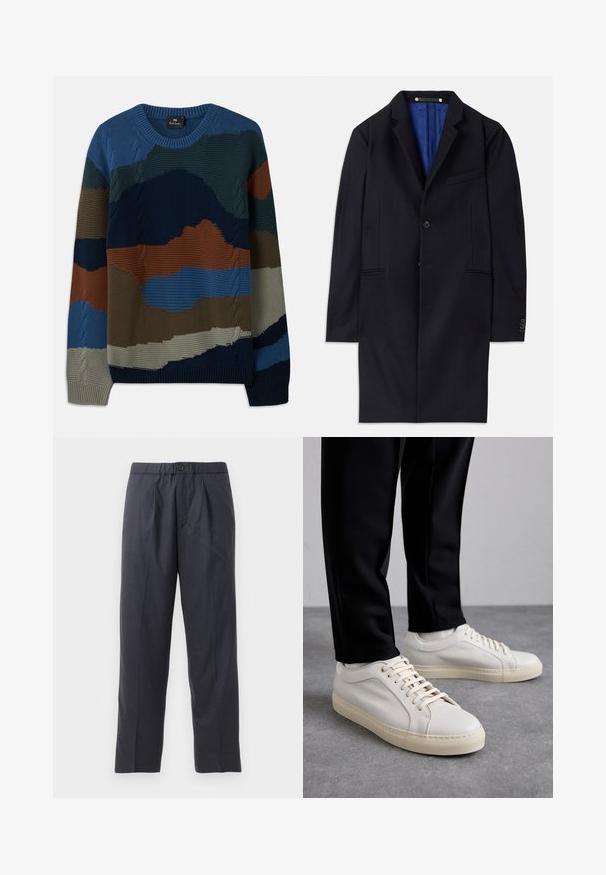 Tengeri gyapjú klasszikus kabát egy gombos záródással, kerekített hajtókákkal és két oldalsó zsebbel. Kék belső bélése van, és minimális varrási részletekkel rendelkezik.; Kötött pulóver kerek nyakkal, különböző textúrájú mintákkal kék, zöld, barna és szürke árnyalatokban, kábel díszítésekkel.; Sötét tengerészkék nadrág, puha anyagból, plissézett elejű kialakítással és gumis derékkal. Gombos záródással és egyenes szárú szabással rendelkezik.; Világos bézs bőr sportcipő lapos fűzőkkel, texturált felülettel és kontrasztos krémszínű gumitalppal, fekete irodai nadrággal párosítva.