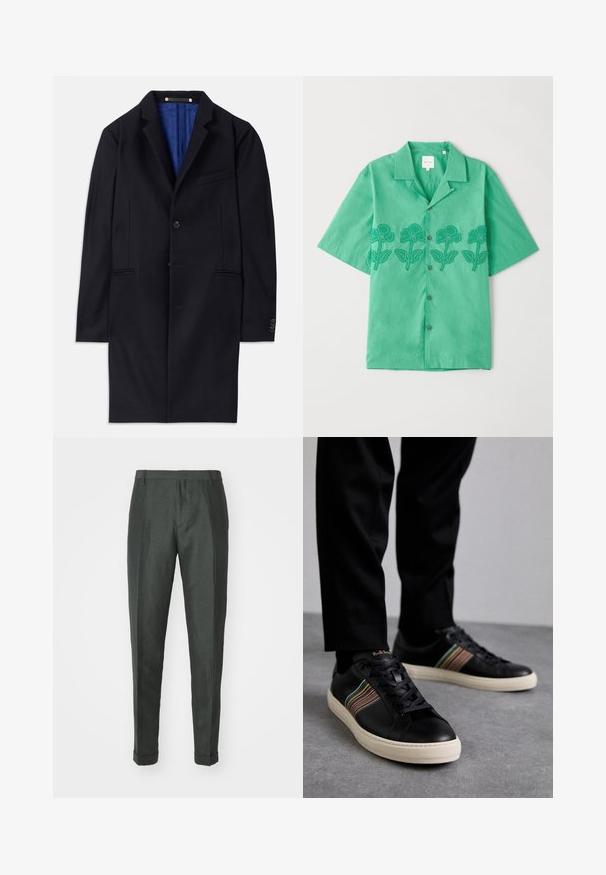 Manteau en laine marine avec une fermeture à un bouton, des revers crantés et deux poches latérales. Présente une doublure intérieure bleue et des détails de couture minimalistes.; Chemise à manches courtes verte en tissu doux, ornée d'une broderie florale vert foncé sur le devant, avec un bouton de fermeture et un col classique.; Paul Smith TROUSER - Pantalon classique - dark green; Des baskets en cuir noir avec des accents à rayures multicolores, un bout rond et des semelles blanches en caoutchouc, présentant un design à lacets et un logo en relief.