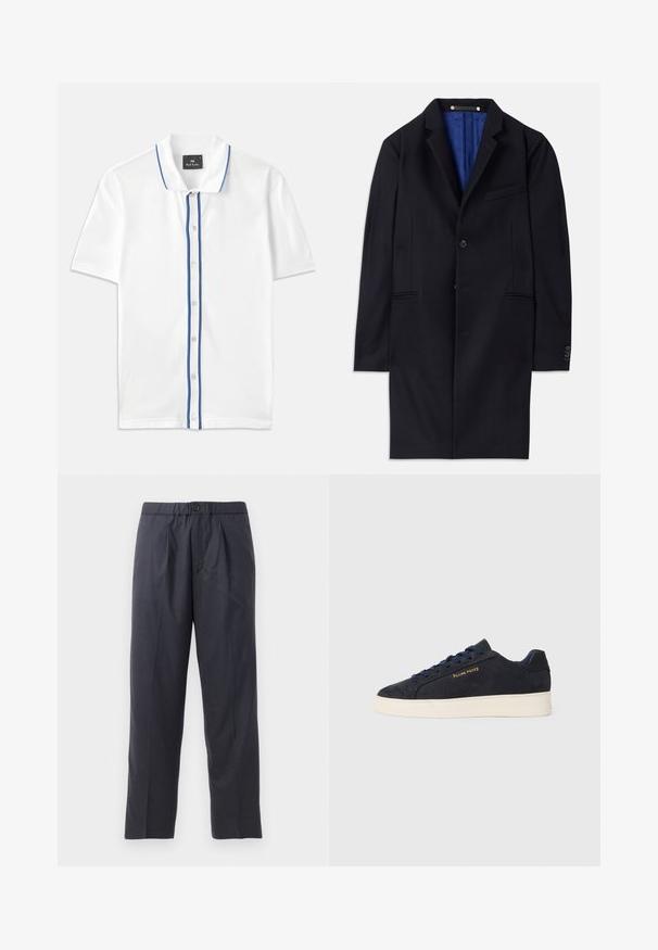 Cappotto di lana blu navy con chiusura a un bottone, revers a banda e due tasche laterali. Presenta una fodera interna blu e dettagli di cucitura minimali.; Polo bianco con dettagli blu lungo il colletto e il profilo dei bottoni, con maniche corte e design classico con bottoni.; Pantaloni scuri in navy realizzati in tessuto morbido, con design a pieghe frontali e vita elastica. Presentano una chiusura con bottone e un taglio dritto.; Sneaker bassa in suede blu navy con suola bianca, lacci blu navy e logo "Filling Pieces" in oro sul lato.