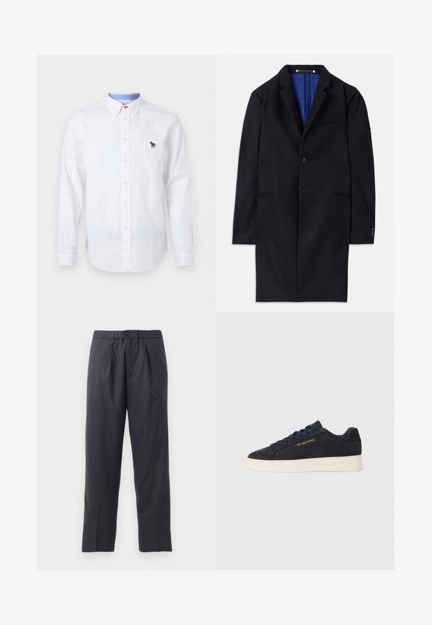 Navyblauer Wollmantel mit einem einreihigen Knopfverschluss, mit spitzen Revers und zwei seitlichen Taschen. Verfügt über ein blaues Innenfutter und minimalistische Nähdetails.; Weißes Hemd aus Baumwolle mit Kragen, langen Ärmeln und einem gestickten bunten Zebra-Logo auf der Brust.; Dunkelblaue Hose aus weichem Stoff mit gef alteter Vorderseite und elastischem Bund. Verfügt über einen Knopfverschluss und gerades Bein.; Marineblaue Wildleder Low-Top Sneaker mit weißer Sohle, marineblauen Schnürsenkeln und goldenem "Filling Pieces" Logo an der Seite.