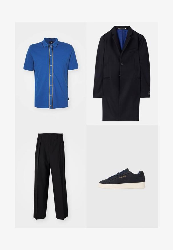 Námořnický vlněný kabát s jedním knoflíkem, klopovými límci a dvěma bočními kapsami. Obsahuje modrou podšívku a minimální švy.; PS Paul Smith BUTTON FRONT - Košile - blue; Černé skládací kalhoty s rovnými, širokými nohavicemi. Vyrobené z hladké tkaniny, se zapínáním na knoflík a poutky na opasek.; Námornická modrá semišová nízká obuv s bílou podrážkou, námořnickými tkaničkami a zlatým logem "Filling Pieces" na boku.
