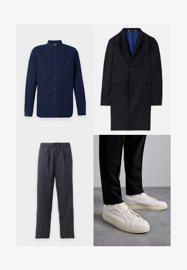 Mornarsko volneno plašč s posameznim zapiranjem na gumb, z zavihki in dvema stranskima žepoma. Ima modro notranjo podlogo in minimalne šivane detajle.; Mornarska srajca z dolgimi rokavi, zapenjala se je s gumbi, izdelana iz bombaža, s ovratnikom, rjavimi gumbi in majhnim večbarvnim logotipom na levi strani prsnega dela.; Temno modri hlače iz mehkega materiala z nabranim sprednjim delom in elastičnim pasom. Imajo gumbasto zapiranje in ravno krojene hlačnice.; Svetlo bež usnjeni športni čevlji z ravnimi vezalkami, teksturirano površino in kontrastnim smetanastim gumijastim podplatom, v kombinaciji s črnimi oprijetimi hlačami.