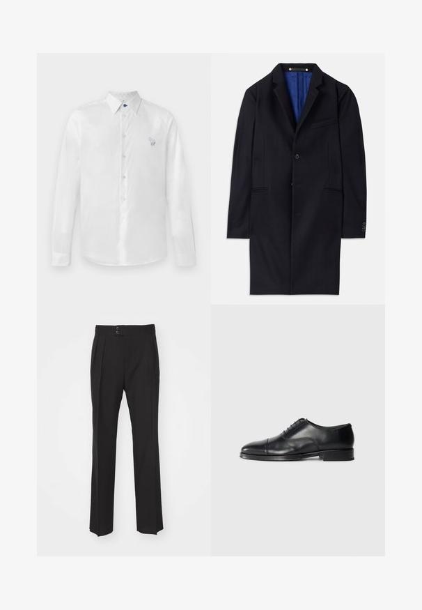 Tengeri gyapjú klasszikus kabát egy gombos záródással, kerekített hajtókákkal és két oldalsó zsebbel. Kék belső bélése van, és minimális varrási részletekkel rendelkezik.; Fehér, hosszú ujjú ing sima anyagból, kék gombbal és egy kis hímzett dizájnnal a bal oldalon. Gombos elülső rész és gallér.; Fekete, szabott nadrág, egyenes lábbal, két elülső zsebbel és duplagombos záródással a derékrészen. Sima szövet textúra.; Fekete bőrből készült elegáns cipő lekerekített orral, sima felülettel, fűzős kialakítással és finom varrási részletekkel, alacsony, lapos sarkú.