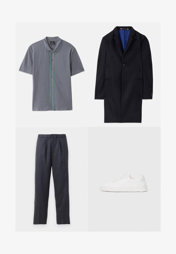 Mornarski vuni kaput s jednim dugmetom, s izrezanim reverima i dva bočna džepa. Ima plavu unutrašnju podstavu i minimalne detalje šivanja.; Siva kratka majica s polo ovratnikom s kontrastnom plavom i zelenom trakastom uzduž gumba i pet smeškastih dugmadi. Mekana tekstura tkanine.; Tamno plave hlače od mekanog materijala s plićim prednjim dijelom i elastičnim pojasom. Imaju zatvaranje na gumb i ravno krojenje.; Bijela tenisica s glatkim kožnim gornjim dijelom, okruglim vrhom, vezicama, teksturiranim bočnim detaljima i debelim gumeni potplat. Minimalistički dizajn.