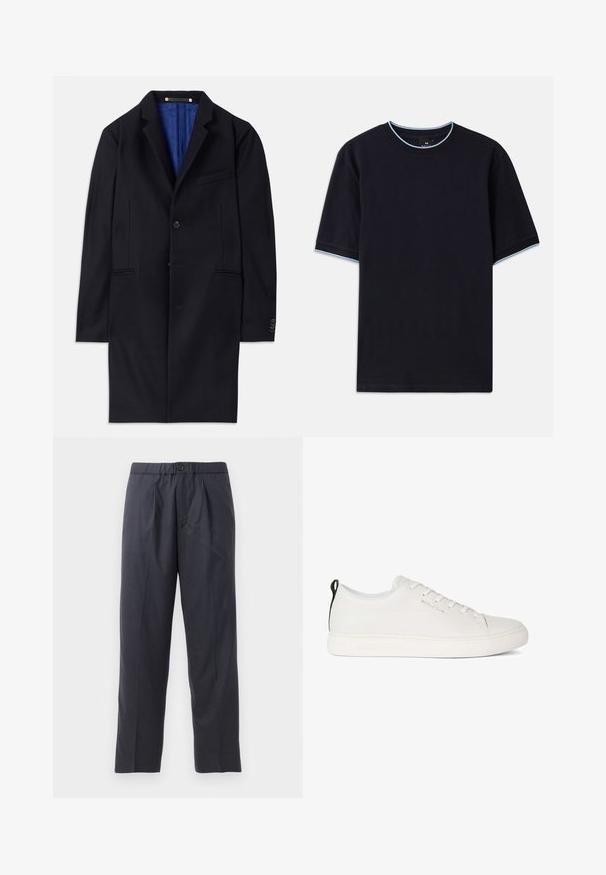 Mornarsko volneno plašč s posameznim zapiranjem na gumb, z zavihki in dvema stranskima žepoma. Ima modro notranjo podlogo in minimalne šivane detajle.; Temno modra kratka majica s kratkimi rokavi in okroglim izrezom, s svetlo modrimi poudarki na ovratniku in rokavih. Narejena iz mehke bombažne tkanine.; Temno modri hlače iz mehkega materiala z nabranim sprednjim delom in elastičnim pasom. Imajo gumbasto zapiranje in ravno krojene hlačnice.; Beli usnjeni čevlji s smerno oblikovanim nosom, ravnim gumijastim podplatom in toniranimi šivi. Imajo vezalni sprednji del in črn vpogled na peti.