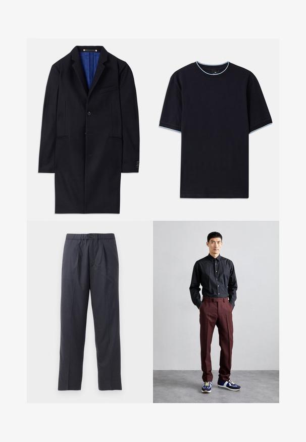 Námořnický vlněný kabát s jedním knoflíkem, klopovými límci a dvěma bočními kapsami. Obsahuje modrou podšívku a minimální švy.; Tmavě modré tričko s krátkým rukávem a kulatým výstřihem, se světle modrými akcenty na límci a rukávech. Vyrobeno z měkké bavlněné tkaniny.; Tmavě modré kalhoty vyrobené z měkké látky s designem s sklady vpředu a elastickým pasem. Obsahují zapínání na knoflík a rovný střih nohou.; Černá košile s dlouhým rukávem a knoflíky, doplněná vysokými burgundskými kalhotami a modrými teniskami se zelenými akcenty. Modelka stojí s rukama v kapsách.