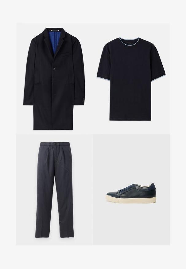 Mornarski vuni kaput s jednim dugmetom, s izrezanim reverima i dva bočna džepa. Ima plavu unutrašnju podstavu i minimalne detalje šivanja.; Tamno plava kratka majica s kapućinom, s okruglim izrezom, s svijetloplavim detaljima na ovratniku i rukavima. Izrađena od mekog pamučnog materijala.; Tamno plave hlače od mekanog materijala s plićim prednjim dijelom i elastičnim pojasom. Imaju zatvaranje na gumb i ravno krojenje.; Tamno plavi kožni tenisice s kremastom gumenom potplatom, s plavim vezicama i glatkom teksturom. Zaobljen vrh i minimalistički dizajn.
