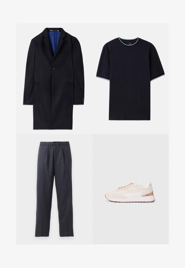 Tumesinine villane ülerõivas ühe nööbiga kinnituse, nurgeliste krae ja kahe küljetaskuga. Omab sinist voodrit ja minimaalset õmblusdetaili.; Tume sinine lühikese varrukaga t-särk ümmarguse kaelusega, millel on helesinised aktsendid kaeluse ja varrukate ümber. Valmistatud pehmest puuvillast kangast.; Tumed sinised püksid pehmest kangast, mille esiosal on volditud disain ja elastne vöökoht. Varustatud nupuga sulgemisega ja sirge lõikega.; Beezhivärviline seemisnahast ülemine osa, valged aktsendid, pruun kummitald ja värviline triibuline detail kanna peal; sisaldab pruune paelu.