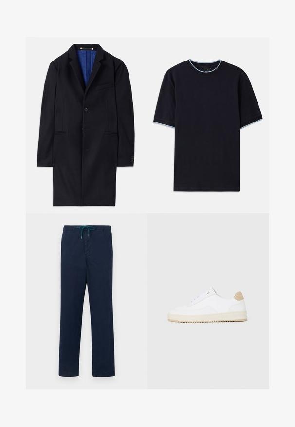 Námořnický vlněný kabát s jedním knoflíkem, klopovými límci a dvěma bočními kapsami. Obsahuje modrou podšívku a minimální švy.; Tmavě modré tričko s krátkým rukávem a kulatým výstřihem, se světle modrými akcenty na límci a rukávech. Vyrobeno z měkké bavlněné tkaniny.; Kalhoty s gumovým pasem v námořnické modři s šňůrkou v sytě modré barvě, rovného střihu a hladké textury.; Bílé nízké tenisky s texturovaným koženým svrškem, krémovou rýhovanou podrážkou a hnědým akcentem na patě. Mají bílé šňůrky a detaily loga na patě.