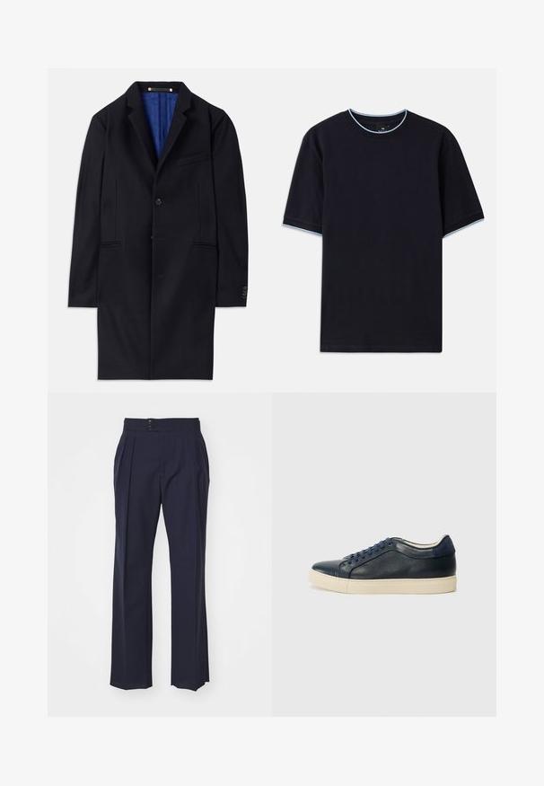 Manteau en laine marine avec une fermeture à un bouton, des revers crantés et deux poches latérales. Présente une doublure intérieure bleue et des détails de couture minimalistes.; T-shirt à manches courtes bleu foncé avec un col rond, présentant un accent bleu clair au niveau du col et des manches. Fabriqué en tissu en coton doux.; Paul Smith TROUSER - Pantalon classique - grey; Baskets en cuir bleu marine avec semelle en caoutchouc crème, dotées de lacets bleus et d'une texture lisse. Bout arrondi et design minimaliste.