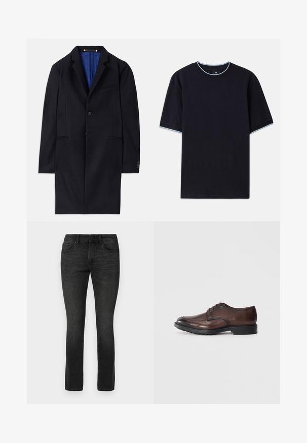 Navy wool overcoat with a single button closure, notched lapels, and two side pockets. Features a blue inner lining and minimal stitching details.; Dark blue short-sleeve t-shirt with a round neckline, featuring light blue accent at the collar and sleeves. Made of soft cotton fabric.; Black stretch denim jeans with a straight leg design, five-pocket styling, and a metal button closure at the waistband.; Brown leather dress shoe featuring a rounded toe, lace-up design, textured finish, and a rubber sole with a slight heel.