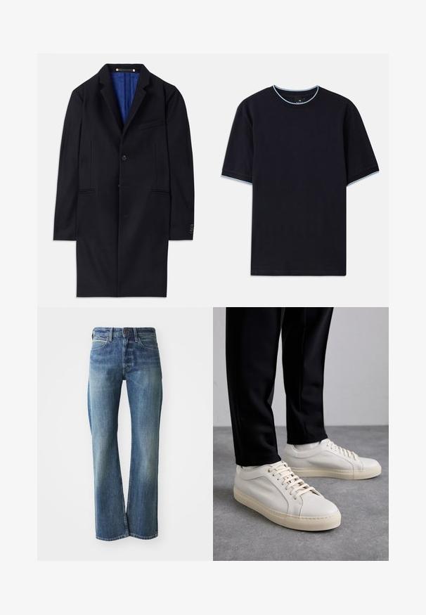 Cappotto di lana blu navy con chiusura a un bottone, revers a banda e due tasche laterali. Presenta una fodera interna blu e dettagli di cucitura minimali.; T-shirt a maniche corte di colore blu scuro con scollo rotondo, caratterizzato da dettagli azzurri al colletto e sulle maniche. Realizzato in morbido tessuto di cotone.; Jeans in denim di colore blu chiaro a medio, con taglio dritto, design classico a cinque tasche e una leggera scoloritura sulla parte anteriore.; Sneaker in pelle beige chiaro con lacci piatti, superficie texturizzata e suola in gomma di colore crema in contrasto, abbinati a pantaloni neri a sigaretta.