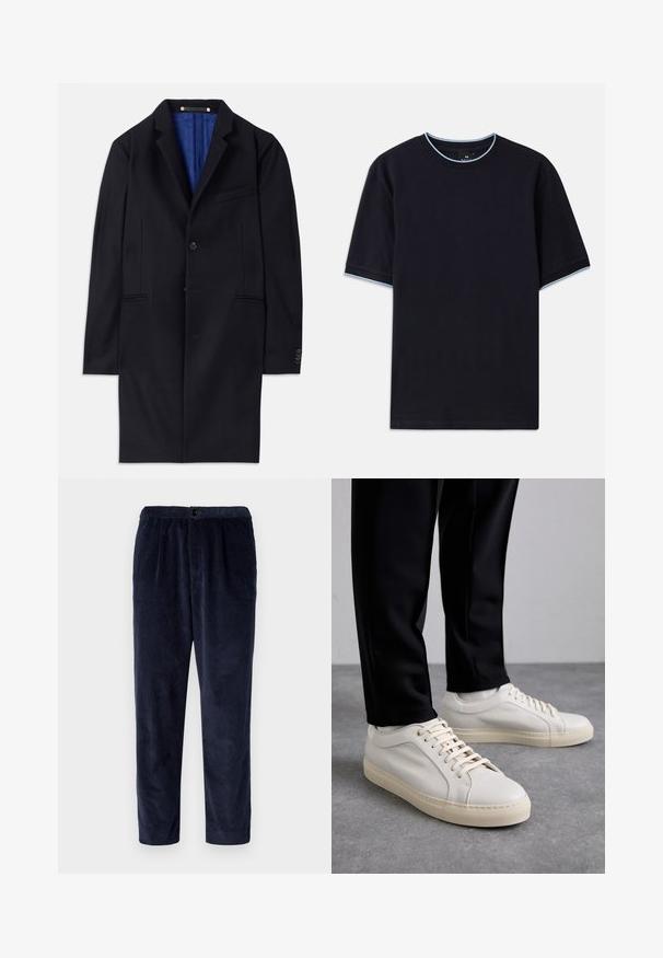 Mornarski vuni kaput s jednim dugmetom, s izrezanim reverima i dva bočna džepa. Ima plavu unutrašnju podstavu i minimalne detalje šivanja.; Tamno plava kratka majica s kapućinom, s okruglim izrezom, s svijetloplavim detaljima na ovratniku i rukavima. Izrađena od mekog pamučnog materijala.; Mornarsko plave kord čarape s opuštenim krojem, s mekim teksturama, elastičnom strukom i standardnim džepovima. Jednostavan, funkcionalan dizajn.; Svijetlosmeđi kožni tenisice s ravnim vezicama, teksturiranom površinom i kontrastnom kremasto bijelom gumom potplatom, uparene s crnim suženim hlačama.