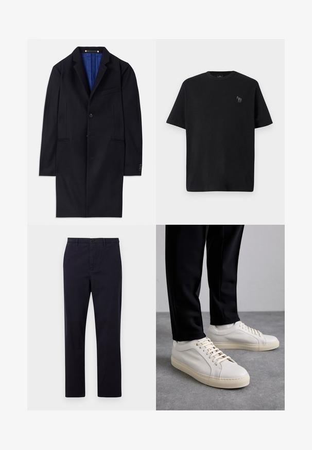 Marineblauwe wol overjas met een enkele knoopsluiting, ingeknipte revers en twee zijzakken. Voorzien van een blauwe binnenvoering en minimale stikdetails.; Zwarte katoenen T-shirt met korte mouwen, ronde hals en een subtiel paardenlogo in grijs geborduurd op de linkerkant van de borst.; PS Paul Smith TROUSER - Chino - dark blue; Lichtbeige leren sneakers met platte veters, een gestructureerd oppervlak en een contrasterende crème-kleurige rubberen zool, gecombineerd met zwarte taps toelopende broek.
