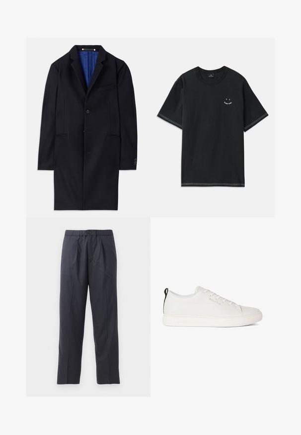 Mornarski vuni kaput s jednim dugmetom, s izrezanim reverima i dva bočna džepa. Ima plavu unutrašnju podstavu i minimalne detalje šivanja.; Crna pamučna majica s kratkim rukavima, okruglim izrezom i bijelim šavovima. Uključuje mali grafički uzorak na prsima.; Tamno plave hlače od mekanog materijala s plićim prednjim dijelom i elastičnim pojasom. Imaju zatvaranje na gumb i ravno krojenje.; Bijele kožne tenisice s zaobljenim vrhom, ravnim gumenim potplatom i toniranom šavovima. Imaju vezanje sprijeda i crnu petu za povlačenje.