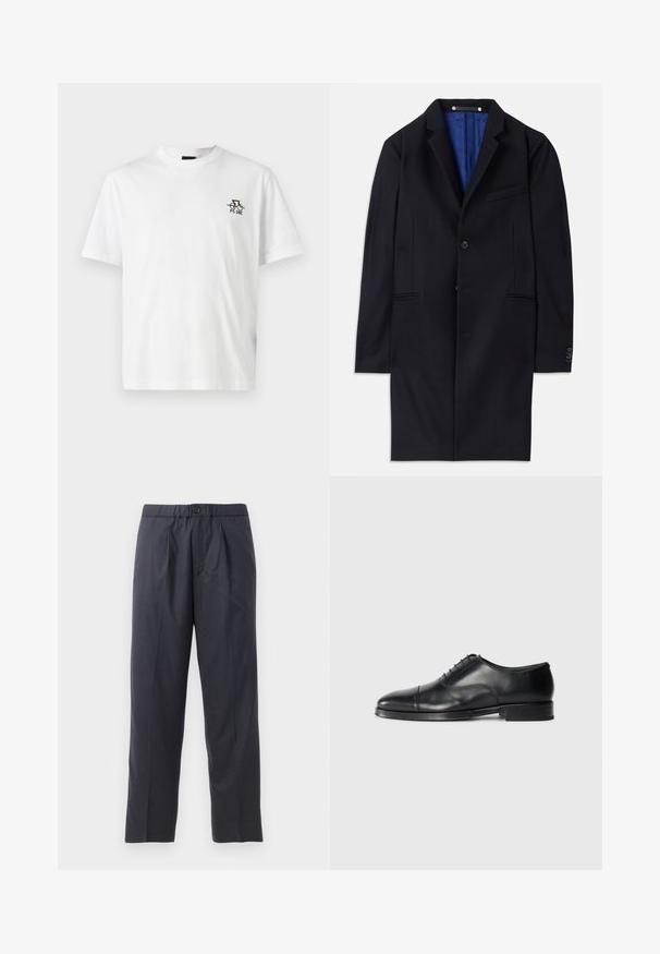 Ναυτικό μαλλί παλτό με κλείσιμο ενός κουμπιού, με αυλακωτές πέτες και δύο πλαϊνές τσέπες. Διαθέτει μπλε εσωτερική επένδυση και ελάχιστες ραφές.; Λευκό βαμβακερό T-shirt με κοντά μανίκια και λαιμόκοψη. Διαθέτει μικρό πολυχρωμο γραφικό σχέδιο στην αριστερή πλευρά του στήθους.; Σκούρο ναυτικό παντελόνι από μαλακό ύφασμα με πτυχές στο μπροστινό μέρος και ελαστική μέση. Διαθέτει κούμπωμα με κουμπί και ίσια γραμμή.; Μαύρο δερμάτινο παπούτσι φόρεμα με στρογγυλή μύτη, λεία υφή, σχέδιο με κορδόνια και διακριτική ραφή, διαθέτοντας χαμηλό, επίπεδο τακούνι.