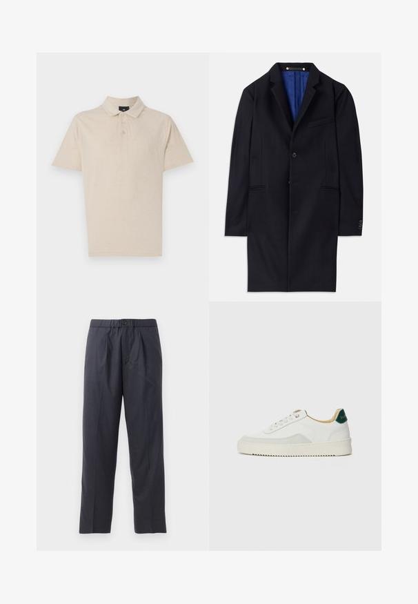 Abrigo de lana marino con cierre de un solo botón, solapas con muesca y dos bolsillos laterales. Cuenta con un forro interior azul y detalles de costura mínimos.; Polo beige hecho de una suave mezcla de algodón, con un cuello clásico, placket de tres botones y mangas cortas. Diseño simple y versátil.; Pantalones oscuros de color azul marino, hechos de una tela suave, con un diseño de frente plisado y cintura elástica. Cuentan con un cierre de botón y un corte recto.; Zapatilla blanca con acentos de ante, puntera redondeada, cordones planos y suela de goma color crema. Presenta un logo verde en el talón.