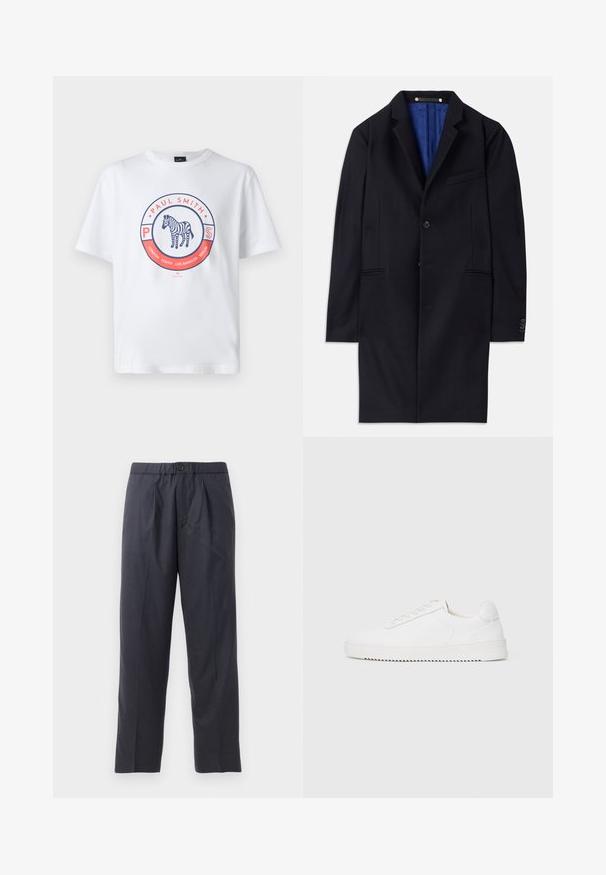 Navy villakangastakki, jossa on yksi nappisolki, lovetut kaulukset ja kaksi sivutaskua. Varustettu sinisellä vuorilla ja vähäisillä ompeluyksityiskohdilla.; Valkoinen puuvillapaita, jossa on ympyrälogo. Keskitetty suunnittelu sisältää tekstin "Paul Smith" ja kuvitetun seepra ympyrän sisällä.; Tummansiniset housut, jotka on valmistettu pehmeästä kankaasta ja niissä on pleidattu etuosa sekä joustava vyötärö. Varustettu napilla suljettavalla ja suoran lahkeen leikkauksella.; Valkoiset tennarit, joissa on sileä nahkapäällinen, pyöreä varvas, nauhat, teksturoidut sivuakkentit ja paksu kumipohja. Minimalistinen muotoilu.