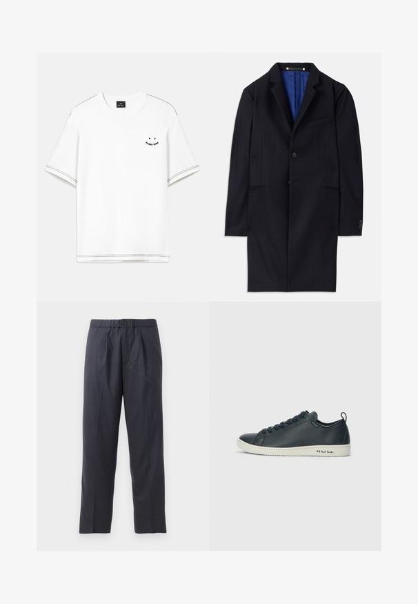 Navy wool overcoat with a single button closure, notched lapels, and two side pockets. Features a blue inner lining and minimal stitching details.; White T-shirt with short sleeves, featuring black stitched accents and a small printed detail on the chest.; Dark navy trousers made of soft fabric with a pleated front design and elastic waistband. Features a button closure and straight-leg cut.; Dark navy leather sneaker with a smooth finish, rounded toe, six eyelet lacing, and contrasting white rubber sole. Features branding on the side.