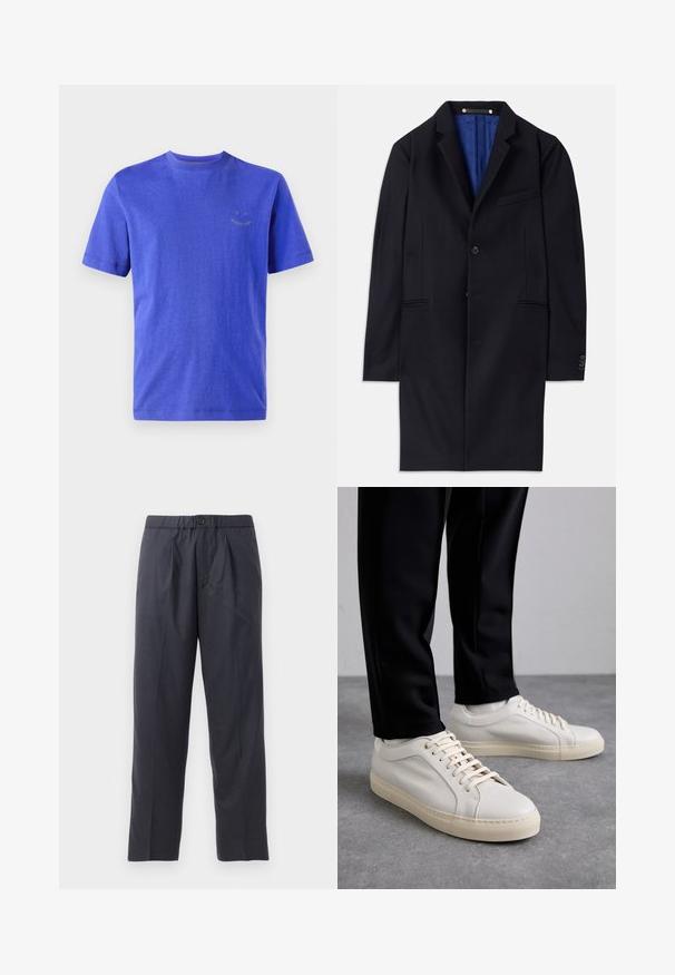 Jūrinės vilnos paltas su vieno mygtuko uždarymu, notch tipo apykakle ir dviem šoninėmis kišenėmis. Yra mėlynas pamušalas ir minimalūs siuvimo detalės.; PS Paul Smith HAPPY REGULAR FIT - Paprasti marškinėliai - blues; Tamsiai mėlynos kelnės, pagamintos iš švelnios medžiagos, su klostėtu priekiu ir elastingu juosmeniu. Yra mygtuko užtrauktukas ir tiesios išklikimo pjūvis.; Šviesūs smėlio spalvos odiniai sportbačiai su plokščiomis raišteliais, tekstūruotu paviršiumi ir kontrastinga kreminės spalvos gumine padu, derinami su juodomis siaurėjančiomis kelnėmis.