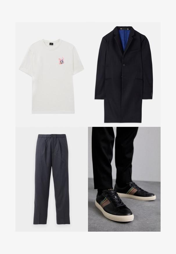 Navy wool overcoat with a single button closure, notched lapels, and two side pockets. Features a blue inner lining and minimal stitching details.; White cotton T-shirt featuring a small, colorful embroidered rabbit design on the left chest area and a crew neckline. Short sleeves.; Dark navy trousers made of soft fabric with a pleated front design and elastic waistband. Features a button closure and straight-leg cut.; Black leather sneakers with multicolored striped accents, round toe, and white rubber soles, featuring lace-up design and embossed branding.