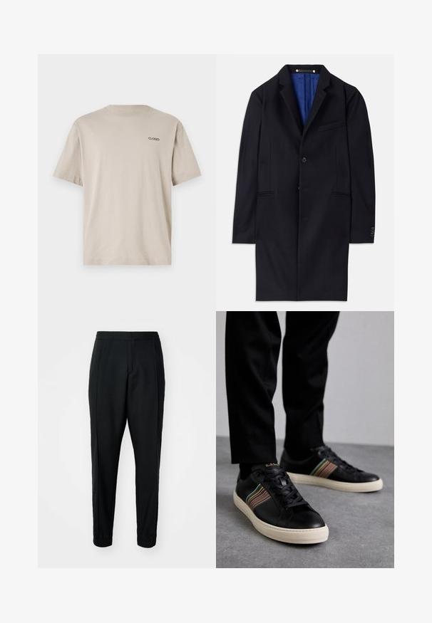 Palton din lână navy cu închidere cu un singur nasture, rever cu tăietură și două buzunare laterale. Dispune de o căptușeală interioară albastră și detalii de coasere minimaliste.; Tricou din bumbac bej, cu mâneci scurte și decolteu rotund. Prezintă un mic logo brodat "CLOSED" pe partea superioară stângă a pieptului.; Pantaloni tapered negri, cu o textură netedă, talie elastică și manșete. Prezintă pliseuri în față pentru un aspect elegant.; Adidași din piele neagră cu accente multicolore în dungi, vârf rotund și tălpi din cauciuc alb, având un design cu șireturi și branding embosat.