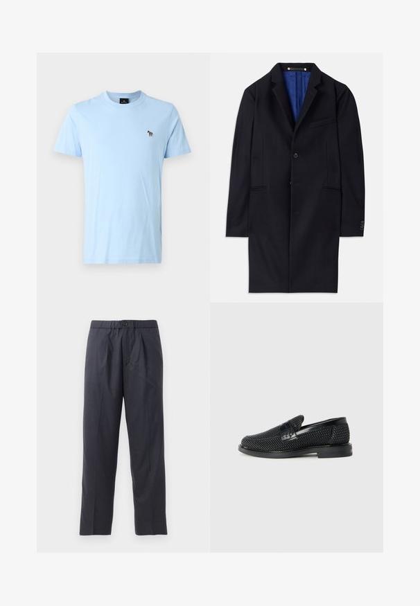 Ναυτικό μαλλί παλτό με κλείσιμο ενός κουμπιού, με αυλακωτές πέτες και δύο πλαϊνές τσέπες. Διαθέτει μπλε εσωτερική επένδυση και ελάχιστες ραφές.; Ανοιχτό μπλε βαμβακερό T-shirt με στρογγυλή λαιμόκοψη, κοντά μ sleeves και μια μικρή κεντημένη λεπτομέρεια με ζέβρα στο αριστερό στήθος.; Σκούρο ναυτικό παντελόνι από μαλακό ύφασμα με πτυχές στο μπροστινό μέρος και ελαστική μέση. Διαθέτει κούμπωμα με κουμπί και ίσια γραμμή.; Μαύρο πλεκτό παπούτσι slip-on με λείο δερμάτινο στοιχείο στο άνω μέρος, στρογγυλή μύτη και χαμηλό καουτσούκ πάτο.