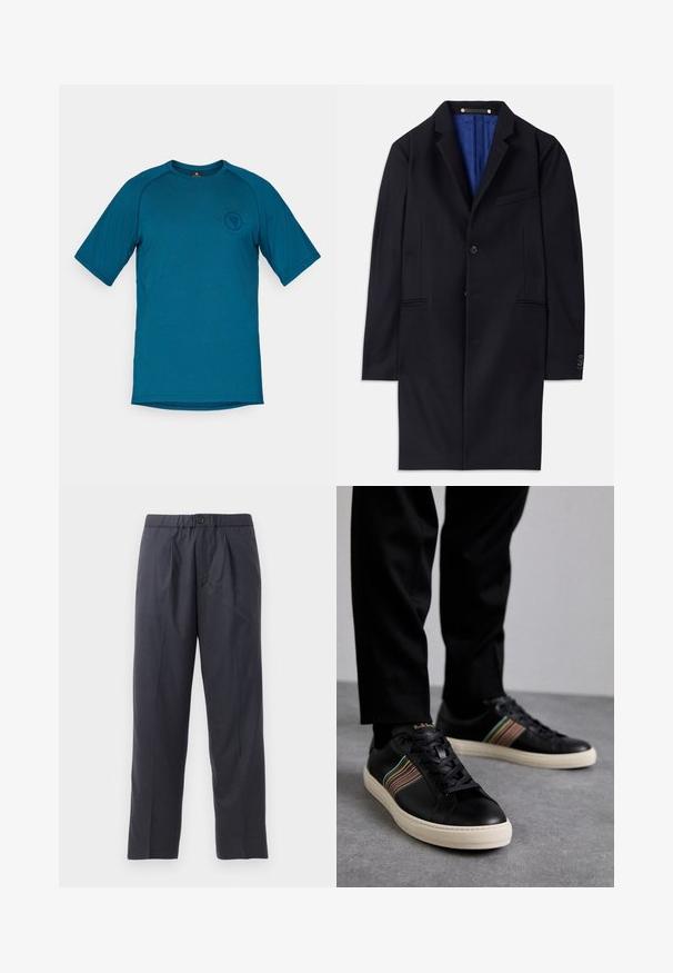 Abrigo de lana marino con cierre de un solo botón, solapas con muesca y dos bolsillos laterales. Cuenta con un forro interior azul y detalles de costura mínimos.; Camiseta de manga corta en color azul verdoso, confeccionada con una tela suave. Presenta un escote redondo y un logotipo en el área del pecho izquierdo. Diseño en general sencillo.; Pantalones oscuros de color azul marino, hechos de una tela suave, con un diseño de frente plisado y cintura elástica. Cuentan con un cierre de botón y un corte recto.; Zapatillas de cuero negro con acentos de rayas multicolores, punta redonda y suelas de goma blanca, con diseño de cordones y marca en relieve.