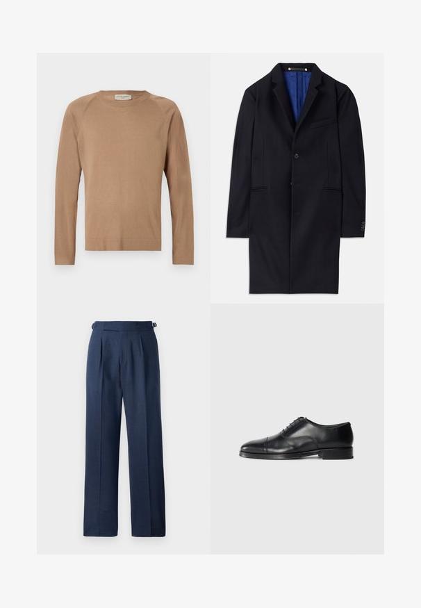 Jūrinės vilnos paltas su vieno mygtuko uždarymu, notch tipo apykakle ir dviem šoninėmis kišenėmis. Yra mėlynas pamušalas ir minimalūs siuvimo detalės.; Šviesiai rudas megztinis su ilgomis rankovėmis, apvaliu kaklu ir raglaniniais siūlais. Minkšta tekstūra ir paprastas dizainas. Nepuoštas ir universaliai pritaikomas.; Tamsiai mėlynos pritaikytos kelnės, pagamintos iš tekstūruoto audinio, su aukštu liemeniu, klostėmis ir reguliuojamomis šoninėmis dirželis, užtikrinančiais patogumą.; Juodos odinės suknios bateliai su apvaliu pirštu, lygia tekstūra, raištelių dizainu ir subtilia siūlų detale, turintys žemą, plokščią kulną.