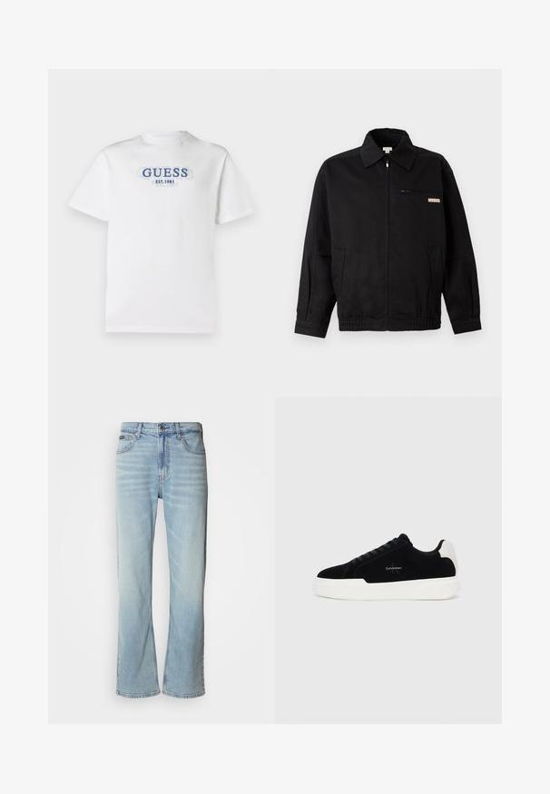 Calvin Klein Jeans JACKET - Lichte jas - black; Witte t-shirt met korte mouwen en blauw gelaagd "GUESS EST. 1981" tekst in het midden van de borst.; Lichtblauwe denim jeans met een rechte pijp, voorzien van vijf zakken, een knoopsluiting en subtiele vervaging op de stof.; Zwarte lage sneaker met witte zool en hielstrip, vetersluiting aan de voorkant en Calvin Klein-logo op de zijkant.