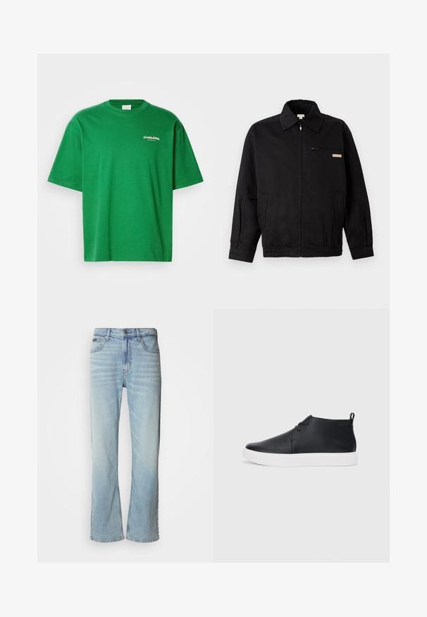 Calvin Klein Jeans JACKET - Sommerjakke - black; Grønn bomulls t-skjorte med avslappet passform, korte ermer og rund hals. Har en liten hvit logo på forsiden.; Lyseblå denim jeans med rett ben, med fem lommer, knappelukking og subtile falminger på stoffet.; Svart skinnhøye sneakers med glatt finish, hvit gummisole og enkelt snøringdesign. Har en løftestropp bak.
