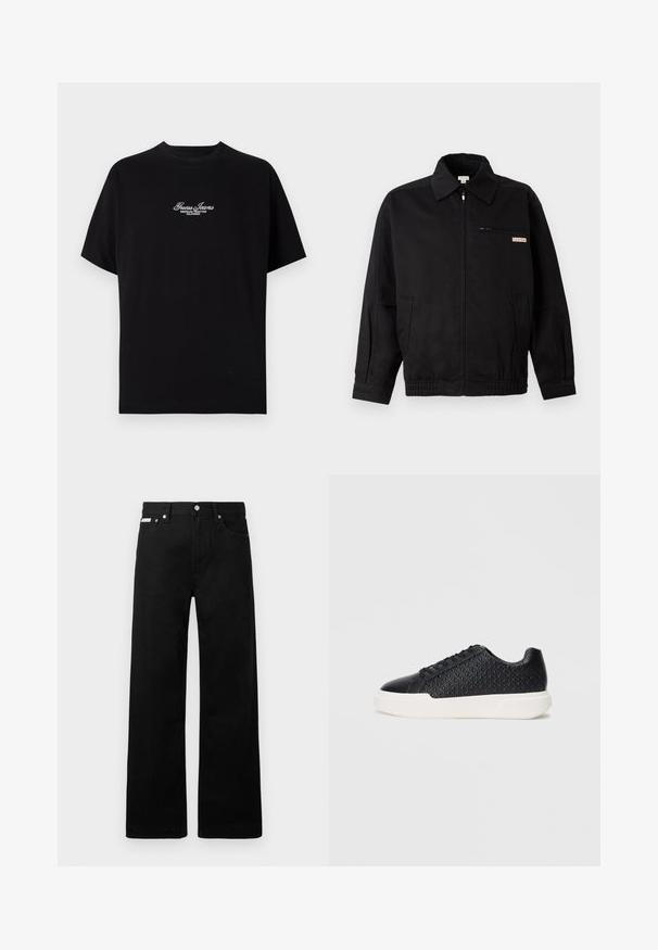 Calvin Klein Jeans JACKET - Letná bunda - black; Čierne tričko s krátkym rukávom vyrobené z bavlny. Obsahuje biele vyšívané písmo "Guess Jeans American Tradition California" na hrudi.; Čierne džínsy s širokými nohavicami, obsahujúce päť vreciek a kovové zapínanie. Hladká textúra, bez viditeľných vzorov.; Čierne tenisky s geometrickou textúrou na boku, hladký špičkový kryt a biely gumový podrážka. Majú okrúhle šnúrky a nízky strih.