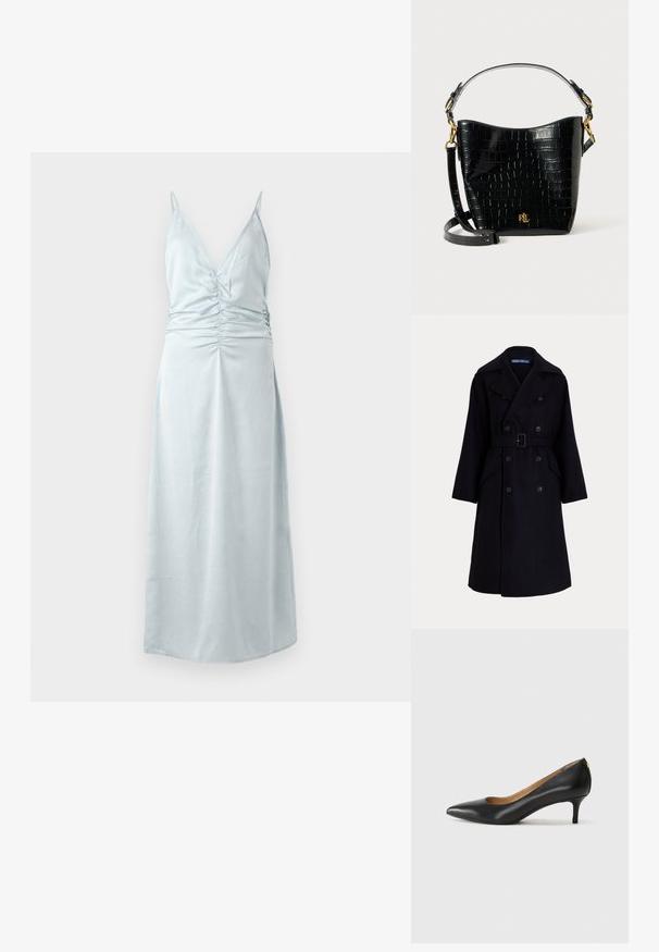 Tamsiai mėlynas vilnonis dvigubos sagos trenčkotis su plačiomis atlankomis, ilgomis rankovėmis, šoniniais kišenėmis ir diržu juosmeninėje dalyje.; Šviesiai mėlynas be rankovių suknelė su giliu V formos iškirpimu ir susirinkimu liemens srityje. Lygus paviršius, grindis siekiantis dizainas.; Juodos odinės aukštakulnės bateliai su smailiu nosiu, žemu kulnu ir lygiu paviršiumi. Priekyje yra nedidelis atvirumas, o gale minimalus apdaila.; Juodas krokodilo rašto odinis krepšys su lenkta forma, auksiniais aksesuarais, reguliuojama juosta ir logotipo detale priekyje.