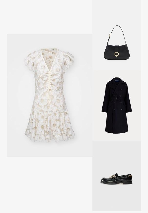 Ciemnoniebieski wełniany podwójnie zapinany trencz z szerokimi klapami, długimi rękawami, bocznymi kieszeniami i paskiem w talii.; Biała sukienka z puchem rękawów, zdobiona haftowanymi wzorami stokrotek i z przodu zaciąganą sznurkiem. Rozkloszowany dół z falbaną.; Czarne skórzane mokasyny o błyszczącej powierzchni, z dwiema złotymi klamrami i niskim obcasem. Gładka tekstura z zaokrąglonym noskiem.; Czarna skórzana torebka o zaokrąglonym kształcie, z krótkim paskiem, centralnym złotym wykończeniem i gładką fakturą. Brak widocznych wzorów czy akcentów.