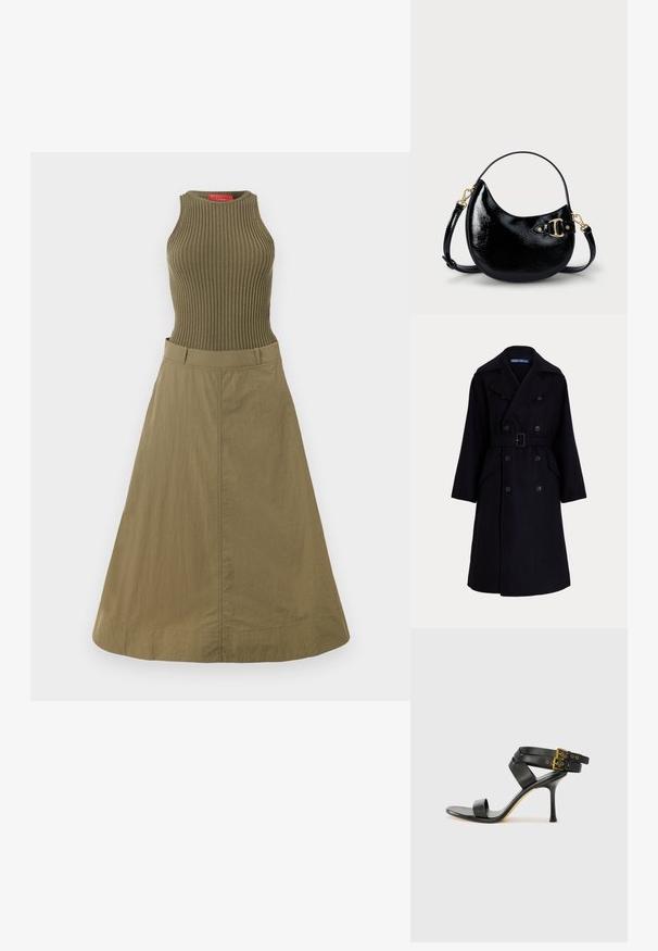 Dark navy wool double-breasted trench coat with wide lapels, long sleeves, side pockets, and a belt at the waist.; Olive green dress with ribbed tank top and flowy skirt. The fabric has a smooth texture, and the design features a fitted bodice and wide hem.; Black heeled sandal with crossed straps and adjustable buckle. Features a smooth texture and tapered stiletto heel.; Black patent leather handbag with a curved shape, adjustable strap, and gold-tone hardware detail on the side. Smooth, shiny texture.