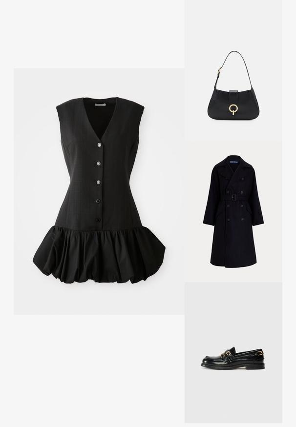 Tmavomodrý vlnený dvojradový trenčkot so širokými klopami, dlhými rukávmi, bočnými vreckami a opaskom v páse.; Čierne šaty bez rukávov s hlbokým V výstrihom, gombíkovým zapínaním a ruffles na okraji. Vyrobené z hladkej tkaniny so štruktúrovaným živôtikom a jemnou textúrou.; Čierne kožené mokasíny s lesklým povrchom, vybavené dvoma zlatými prackami a nízkym podpätkom. Hladký povrch s oválnym tvarom špičky.; Čierna kožená kabelka s zakrivenou siluetou, krátkym popruhom, stredným zlatým kovovým detailom a hladkou textúrou. Bez viditeľných vzorov alebo akcentov.