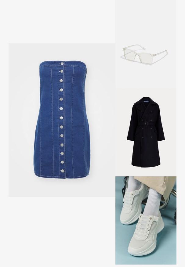 Sötét tengerészkék gyapjú, dupla gombolású trench coat széles hajtókákkal, hosszú ujjakkal, oldalsó zsebekkel és deréknál övvel.; Sötétkék farmer pántnélküli ruha, testhezálló fazonnal, elöl ezüst szögletes gombokkal. Az varrások mentén kontrasztos cérna díszíti.; Fehér sportcipők, amelyek hálós anyagból készültek, gumitalpúak, fűző nélküli kialakítással, rugalmas pántokkal és arany színű kiegészítőkkel rendelkeznek.; Átlátszó műanyag négyzet alakú szemüveg, áttetsző lencsékkel, arany díszítéssel a szárakon a fokozott részletekért.
