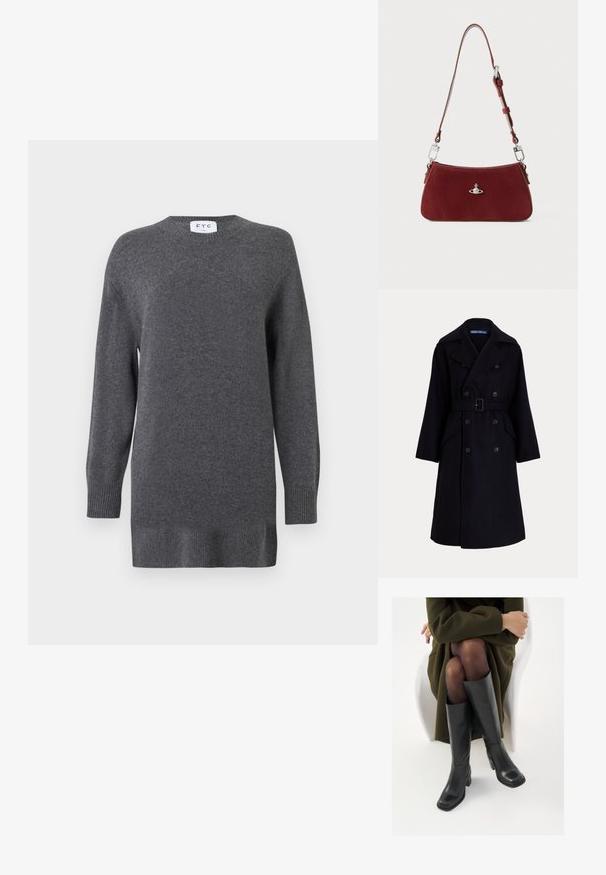 Tummansininen villainen kaksirivinen trench-coat, jossa on leveät kaulukset, pitkät hihat, sivutaskut ja vyö vyötäröllä.; Harmaa neulepaita, joka on valmistettu pehmeästä kankaasta. Paitassa on pyöreä pääntie, pitkät hihat sekä resorit hihansuissa ja helmassa. Yksinkertainen ja klassinen muotoilu.; Polvisuoja mustat nahastossud, millel on ruudukujuline varvas ja plokk-kints, on esitatud mudeli seljas, kes istub oliivrohelises mantlis. Sile tekstuur, minimaalne detailitus.; Punainen mokkakankainen olkalaukku, jolla on kaareva muoto. Varustettu hopeanvärisellä yksityiskohdalla ja säädettävällä hihnalla, jossa on metalliyksityiskohtia. Pinta on sileä.