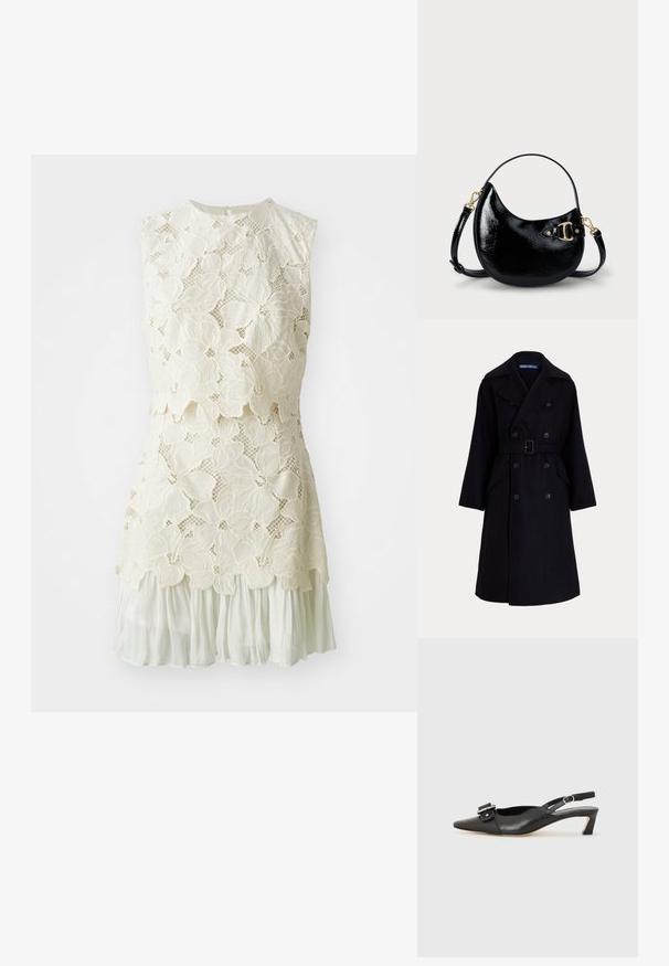 Abrigo de trench de lana de un oscuro color navy, de doble pecho, con solapas anchas, mangas largas, bolsillos laterales y un cinturón en la cintura.; Vestido de encaje con un patrón de flores en color blanco roto, con un diseño en capas y una sección inferior fluida y transparente.; Zapato slingback de cuero negro con punta afilada, tacón pequeño y detalle de hebilla decorativa en la parte superior. Textura suave, diseño minimalista.; Bolso de mano de charol negro con forma curvada, correa ajustable y detalles en hardware dorado en el lateral. Textura lisa y brillante.