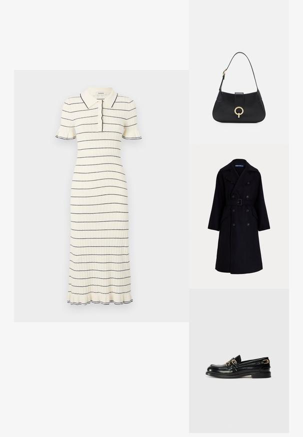 Abrigo de trench de lana de un oscuro color navy, de doble pecho, con solapas anchas, mangas largas, bolsillos laterales y un cinturón en la cintura.; sandro ROBE MIDI COL POLO FINITIONS FRILL - Vestido informal - ecru; Mocasines de cuero negro con un acabado brillante, que presentan dos hebillas doradas y un tacón bajo. Textura suave con diseño de punta redonda.; Bolso de cuero negro con una silueta curvada, correa corta, herrajes en tono dorado central y textura suave. Sin patrones ni acentos visibles.