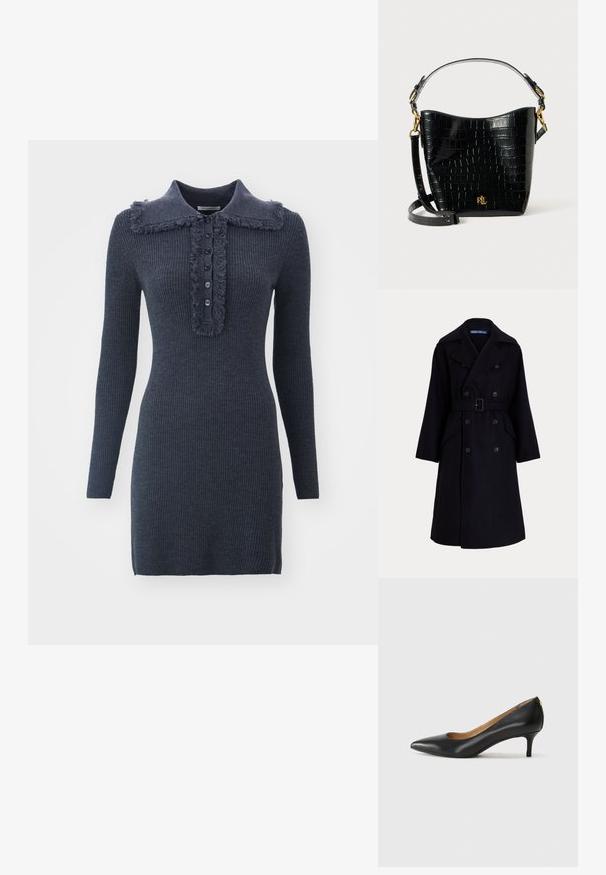 Tmavě námořnický vlněný dvouřadový trenčkot s širokými klopami, dlouhými rukávy, bočními kapsami a páskem v pase.; Tmavě modré žebrované šaty s roztrhaným límcem, pěticí knoflíků uprostřed a dlouhými rukávy, vyrobené z texturovaného úpletu.; Černé kožené lodičky s špičatou špičkou, nízkým podpatkem a hladkým povrchem. Mají mírné otevření vpředu a minimální kovové prvky na zadní straně.; Černá kožená taška s krokodýlím vzorem, zakřiveného tvaru, se zlatými kovovými akcenty, nastavitelným popruhem a logem na přední straně.