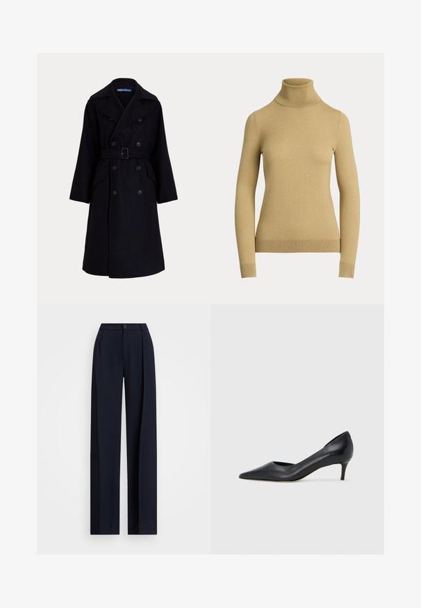 Tumšs jūras zilas vilnas dubultās krūšu mēteli ar plašām atlokām, garām piedurknēm, sānu kabatām un jostu vidukļa daļā.; Gaišais beidzis džemperis ar augstu apkakli, izgatavots no gluda, mīksta dzijas. Tam ir garas piedurknes un pieguļošs siluets ar ribotu apakšmali.; Jūras spēku plati bikses ar krokām, pogu aizdari un gludu auduma tekstūru. Izstrādātas brīvai, ērtai piegulšanai.; Melna ādas kurpe ar smailu purngalu un zemu papēdi. Raksturota ar gludu tekstūru un smalku spīdumu. Priekša ar atvērtu izgriezumu papildu detaļai.