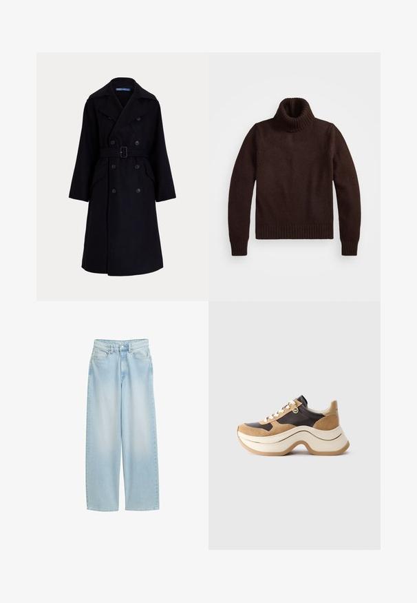 Palton dublu din lână galben închis, cu guler larg, mâneci lungi, buzunare laterale și un buncăre la talie.; Pulover călduros, tricotat gros, cu guler tip turban și tiv cu nervuri. Prezintă manșete lungi și o croială lejeră, fiind fabricat dintr-un material textil moale.; Jeans largi de un albastru deschis, confecționați din denim, cu talie înaltă, buzunare frontale, închidere cu buton și detalii clasice de cusătură.; Adidași cu talpă groasă în bej și maroniu închis, cu accente din suede, șireturi albe și un mic farmec aurie MK pe lateral.