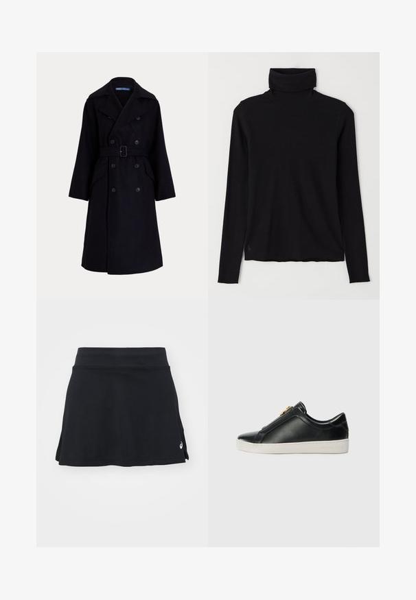 Tmavě námořnický vlněný dvouřadový trenčkot s širokými klopami, dlouhými rukávy, bočními kapsami a páskem v pase.; Černý rolák vyrobený z žebrované tkaniny. Dlouhé rukávy, přiléhavý střih a mírně uvolněný lem bez viditelných vzorů nebo kovových doplňků.; Černá sportovní sukně s přiléhavým pasem a vykrojeným lemem. Vyrobena z elastického materiálu, na boku má decentní logo.; Černé kožené nazouvací boty s vyvýšeným švem, detail stříbrného kování na svršku a bílá gumová podrážka s raženým logem.