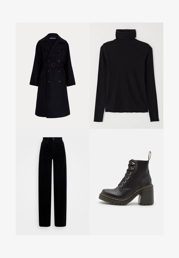Dark navy wool double-breasted trench coat with wide lapels, long sleeves, side pockets, and a belt at the waist.; Black turtleneck sweater made of ribbed fabric. Long sleeves, close-fitting design, and a slightly relaxed hem with no visible patterns or hardware.; Black corduroy pants with a high waist, wide leg design, and a single front button closure. Smooth texture with vertical ribbing.; Black leather ankle boot featuring a chunky high heel, lace-up front, metal eyelets, and yellow stitching along the sole. Textured rubber outsole.