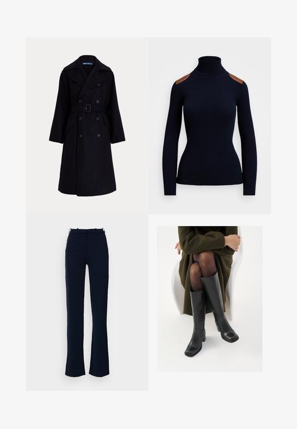 Dark navy wool double-breasted trench coat with wide lapels, long sleeves, side pockets, and a belt at the waist.; Navy ribbed turtleneck sweater with long sleeves and brown leather shoulder accents, fitted design, smooth texture, and no pattern.; Navy blue trousers with a straight leg design, made from a smooth fabric, featuring belt loops and a front zip closure.; Knee-high black leather boots with a squared toe and block heel, shown with a model seated in an olive green coat. Smooth texture, minimal detailing.