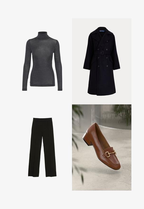 Sötét tengerészkék gyapjú, dupla gombolású trench coat széles hajtókákkal, hosszú ujjakkal, oldalsó zsebekkel és deréknál övvel.; Hosszú ujjú garbó felső sötétszürke színben, sima textúrával, diszkrét fényességgel és testhez simuló szabással.; Fekete, bő szárú nadrág sima anyagból, melynek kényelmes derékrésze és diszkrét elülső redők adnak extra textúrát.; Barna lakkbőr loaferek négyzet alakú orral, fém lánc díszítéssel és alacsony blokk sarkú kialakítással; sima textúra, minimalista design.