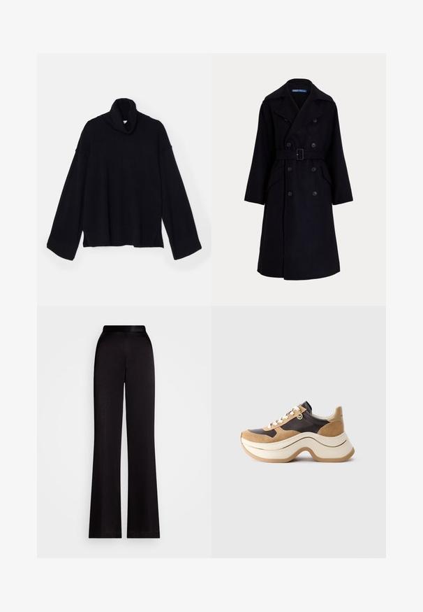 Palton dublu din lână galben închis, cu guler larg, mâneci lungi, buzunare laterale și un buncăre la talie.; DESIGNERS REMIX COSMO TURTLE - Pulover - black; Pantaloni negri evazați, realizați dintr-un material neted, cu un talie înaltă și un design până la gleznă. Fără modele sau accente vizibile.; Adidași cu talpă groasă în bej și maroniu închis, cu accente din suede, șireturi albe și un mic farmec aurie MK pe lateral.