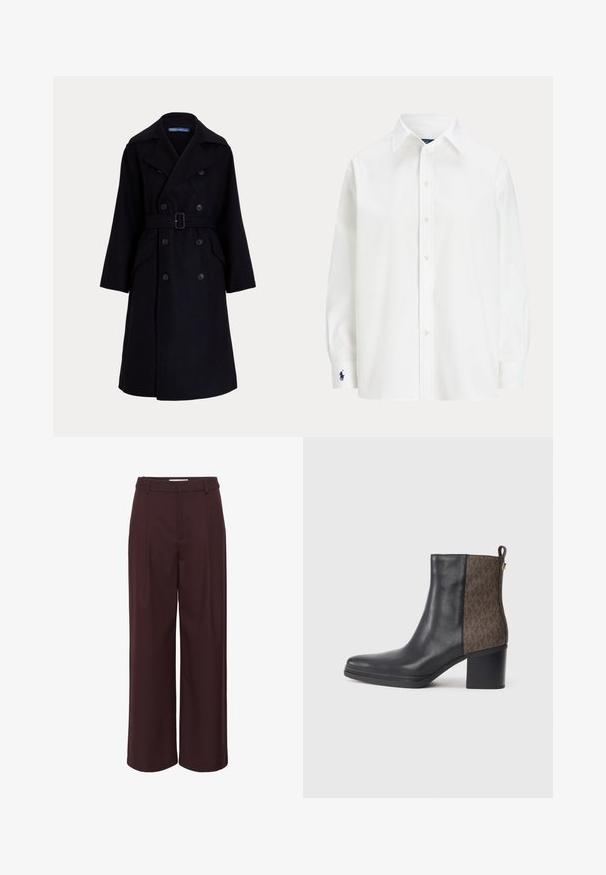 Tamsiai mėlynas vilnonis dvigubos sagos trenčkotis su plačiomis atlankomis, ilgomis rankovėmis, šoniniais kišenėmis ir diržu juosmeninėje dalyje.; Balta mygtukinėmarškinė su ilgomis rankovėmis, klasikinis apykaklė ir mažas mėlynas logotipas ant rankovės. Lygus medvilnės audinys, tvirtas prigludimas.; Platus kojų kelnės tamsiai burgundiško atspalvio, pagamintos iš lygaus audinio. Sukurtos su aukštu liemeniu, raukšlėmis ir paprastomis diržo kilpomis, suteikiančiomis elegantišką išvaizdą.; Juodas odinis kulkšnies botas su tekstūruotu rudu raštu šone, blokiniu kulnu ir kilpa, kad būtų lengva užsivilkti.